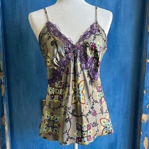 Silk Hale Bob Tan Satin Cami with Multicolor Floral Motif